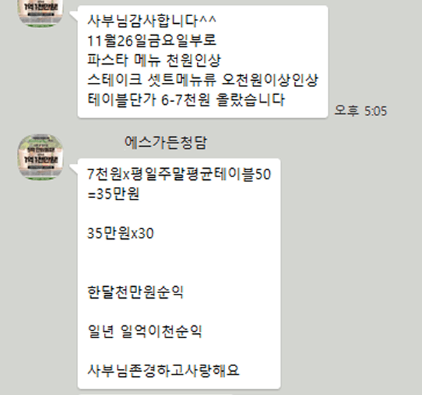 김유진아카데미 성공 사례 - 가격과  메뉴 구성 변경으로 테이블 단가 상승 에스가든청담 청라점